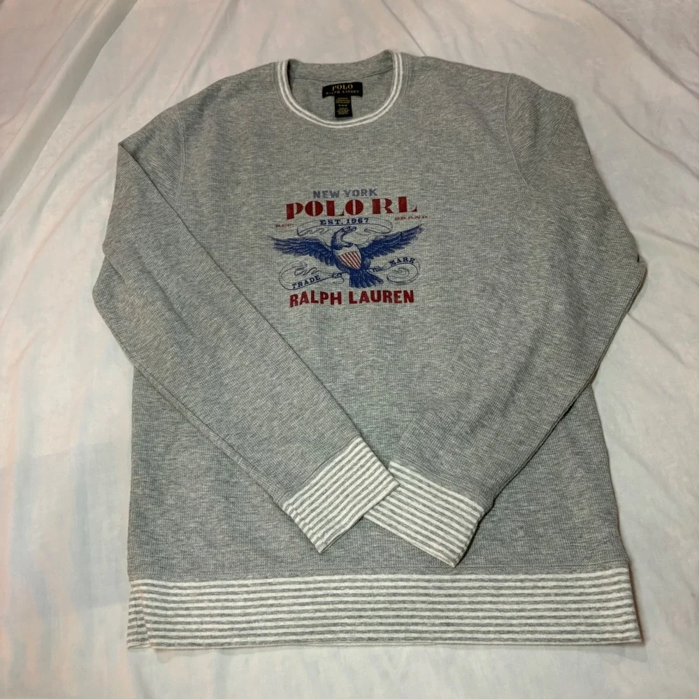 Polo Ralph Lauren Mens Gray Waffle Knit Thermal Eagle Graphic Sleepwear Top M